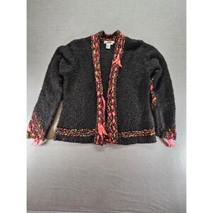 Acorn Womens XL Black Boucle Cardigan Multi Color Woven Trim Ribbon Tie Sweater